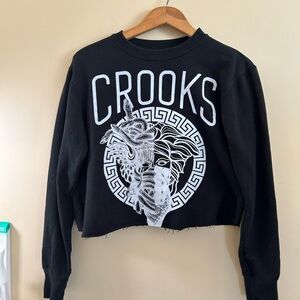 Crooks & Castles Black Crop style Sweatshirt with White Graphic